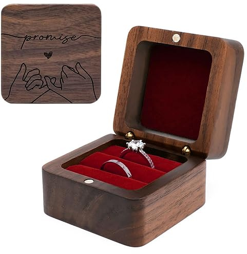 muchly Wooden Double Ring box，Rustic Ring Case,Solid Wood Square Jewelry Storage Box-ring bearer pillow for Wedding Ceremony, Engagement(Red velvet)
