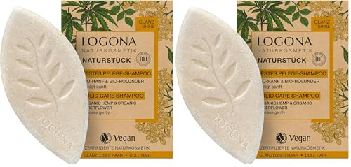 LOGONA Naturkosmetik Festes Haarshampoo für mehr Glanz und natürlich gesundes Haar, Shampoo Bar mit veganer Formel aus Bio Hanf und Bio Holunder, Wie Haarseife, 1 x 60 g (Packung mit 2)