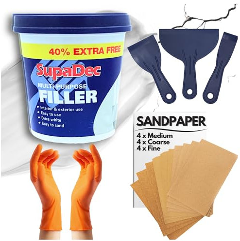 Wall Repair Kit With 1.4kg Ready Mixed Filler for Walls Holes & Gaps | 12 Assorted Sand Paper, Gloves & Plastic Filling Tools | Plaster & Wood Filler