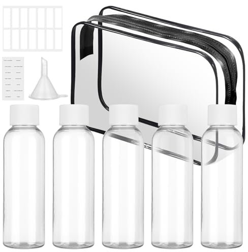60ML Travel Bottles for Toiletries, 5pcs Clear Plastic Travel Bottle with Screw Lids, Leak Proof Refillable Liquid Containers, Air Travel Size Bottle with Bag, Labels for Cosmetics, Shampoos, Soap