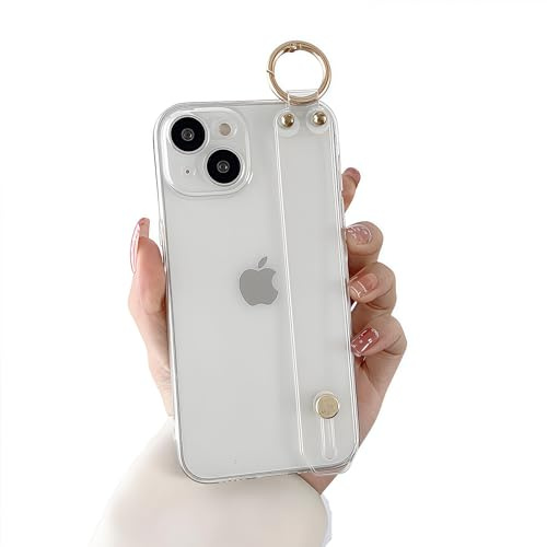siduater Case for 6.1 iPhone 15 with Strap Holder | Wrist Band Kickstand, Soft Slim Clear Shockproof Protective Cover, Adjustable Handle Grip Loop - Crystal Clear