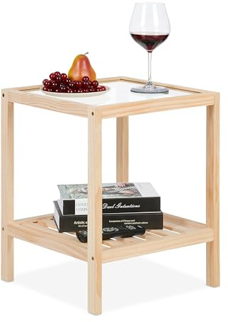 Relaxdays Beistelltisch, Wohnzimmertisch mit Glasplatte, Holz, HxBxT: 50 x 40 x 40 cm, quadratischer Ablagetisch, Natur | HxBxT: 50 x 40 x 40 cm, quadratischer Ablagetisch