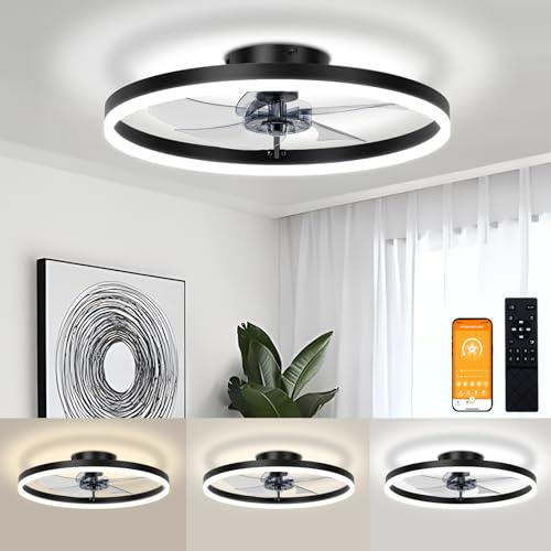 VOLISUN Low Profile Ceiling Fans with Light and Remote,19.7in Fandelier Ceiling Fan with Lights, 3000K-6500K Dimmable Flush Mount LED Fan Light, Black Bladeless Ceiling Fans with Lights for Bedroom