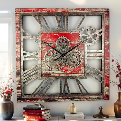 ImprovingLife The Gears Clock 61 cm übergroße quadratische Wanduhr mit beweglichen Zahnrädern, rustikaler Vintage-Industrie-Stil (rote Lava)