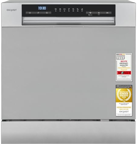 Exquisit GSP5508-030D Tischgeschirrspüler - 55 cm, 8 Maßgedecke, Silber | Mini Spülmaschine mit 7 Programmen, Door Open Trocknung, 49 dB, Startzeitverzögerung & Aquastop nachrüstbar, Energieklasse D