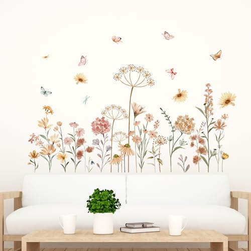 Amimagen Wandtattoos Boho Blume Wandaufkleber - Wildblume Floral Löwenzahn Gras Pflanzen Wandsticker - Baby Kinderzimmer Schlafzimmer Kinderzimmer Wohnzimmer Wanddekor