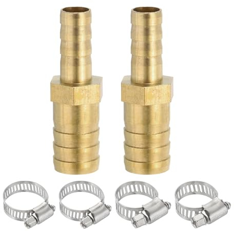 PATIKIL 5/16 to 1/2 Brass Hose Barb Reducer, 2Pcs Barbed Hose Fittings with 4 Stainless Steel Clamps Reducing Splicer Mender Union Adapter for Air Water Fuel