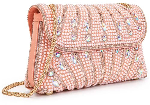 BBTT.ful Damen Abendhandtaschen mit Strass und Perlen Schultertaschen Crossbody Taschen für Frauen Clutch Geldbörse mit Kette (Rosa), Pink