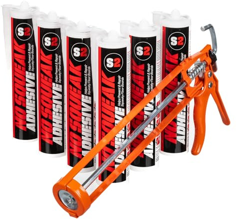 S2 No Squeak Floorboard Adhesive 290ml Grey, 6 Tubes & Gun | Hybrid adhesive kit with applicator gun to prevent and repair squeaky floorboards.