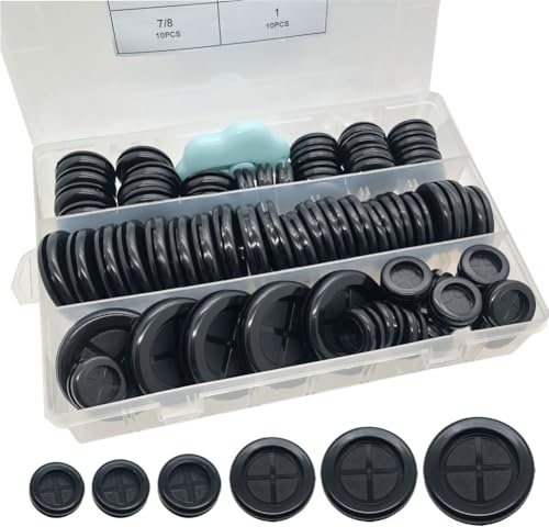 65Pcs Round Rubber Grommets kit 6 Sizes Double Sided Rubber Grommets for Wiring Automotive Rubber Firewall Hole Plug Cable Wire Protection with Retractable Knife(1-1/2 1-3/16 1 7/8 13/16 5/8)