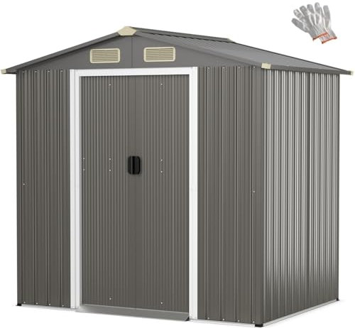 GiantexUK 6x4FT/8x4FT/8x6FT Metal Garden Shed, Outdoor Galvanized Storage House with 4 Air Vents & Lockable Sliding Doors, Slope Roof Utility Shed Building for Backyard Garage (6x4FT, Light Grey)