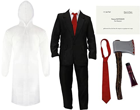 Patrick Bateman-Kostüm für Erwachsene, schwarzer Anzug, transparenter Regenmantel, rote Krawatte, falsche Axt, Kunstblut und Visitenkarte – Herren-Kostüm, amerikanischer TV-Film, Halloween-Kostüm
