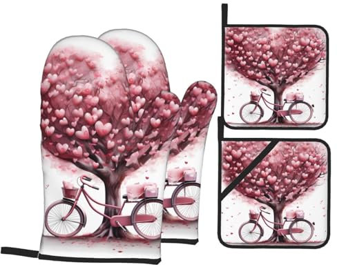 YYHWHJDE Set di 4 guanti da forno e presine per festa della mamma, San Valentino, romantici cuori e alberi stampati, set da 4: spessi e durevoli, anti-scottatura e termoisolanti