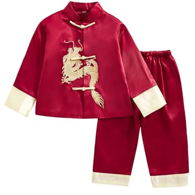 Boys Tang Suit Dragon Kung Fu Outfit Chinese New Year Clothing Chinese Traditional Clothes for Kids（Red,7-8 T