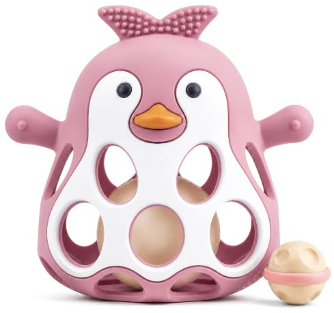 Farout Pinguin Rassel - Beißring Baby & Montessori Spielzeug - Motorikspielzeug Babyrassel für Babyspielzeug ab 3 Monate, Geschenk für Jungen & Mädchen. (Dark Pink)