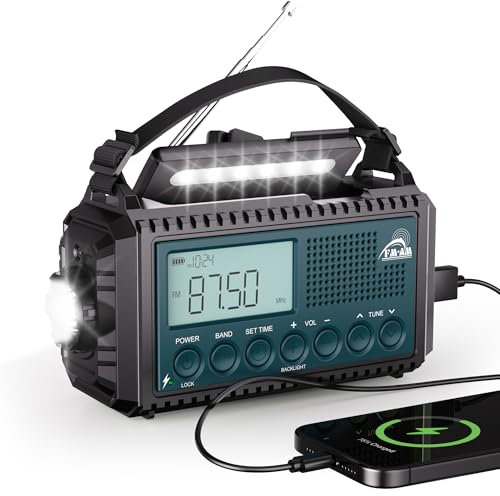 Radio Am/FM/SW de Manivela con Batería Recargable de 12000mAh, Portátil con Linterna y Luz de Lectura, Emergencia Tipo C, Dinamo con Alarma SOS para Senderismo, Camping