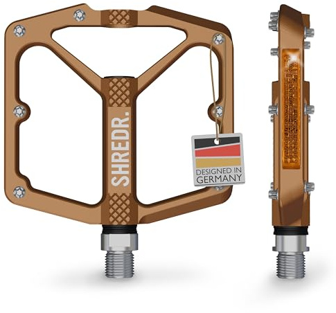 SHREDR. Shine Pedale für MTB | Hochwertige Flatpedals fürs Mountainbike | Mit Reflektoren (StVZO konform). (Bronze, XL)