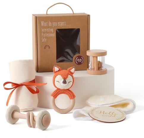 Nyfödd gåva, 6-delat babypresentset flicka pojke – badhanddukar, haklapp, träleksaker, virkad kaninskallra och milstolpekort, presentförpackning (beigefärgad)