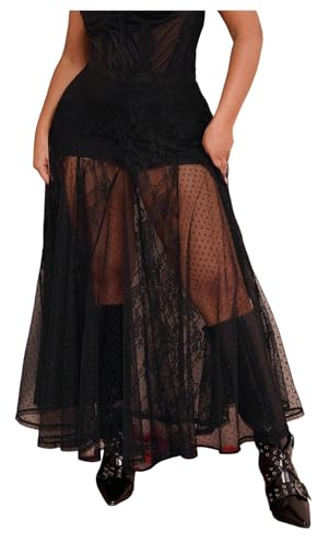 Verdusa Women's Plus Size Lace Mesh Sheer Maxi Skirt Flowy Flared High Waisted Tulle Skirts Black XX-Large Plus