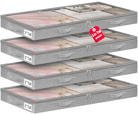 punemi Contenitori sotto il letto, alti 7,6 cm, a basso profilo, senza struttura, morbidi e pieghevoli, in tessuto, con cerniera, confezione da 4, 50,8 x 101,6 x 7,6 cm