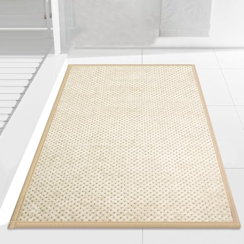 Cheerx Bathroom Rug 40 x 60 cm, Soft Chenille Fibre Bath Mat, Non-Slip Rubber Backed Floor Mat, Machine Washable Quick Dry Rugs, Bathroom Accessories Decor, Beige