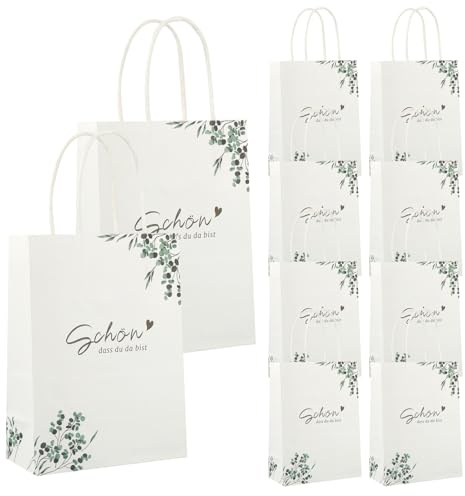 10 Stück Geschenktüte Hochzeit, Geschenktüten Papier Schön Dass Du Da Bist, Eukalyptus Geschenktasche 21x15x8cm, Papiertüten mit Henkel, Dankeschön Geschenktüten für Hochzeit Kommunion