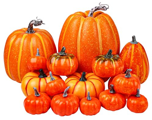 Art Secret 16 Pack Artificial Mini Pumpkins – Assorted Sizes Fall Decorations for Home, Thanksgiving, Halloween, Mantle, Centerpiece, Table Decor, Faux Orange Foam Pumpkin Set
