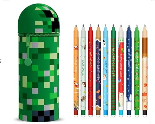 Set aus 8 radierbaren Gelstiften + Halloween Fledermäuse Kawaii 2 in 1 Federmäppchen, mit wärmeempfindlicher Tinte, einer Auswahl an Tintfarben und Designs, 0,7 mm Spitze