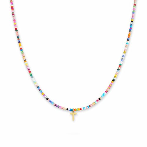 GD GOOD.designs Bunte Perlenkette Damen | Wasserfeste Kette mit Buchstaben A-Z | Initialen Anhänger aus 18K vergoldetem Edelstahl | Halskette hautverträglich & verstellbar (40-45 cm)