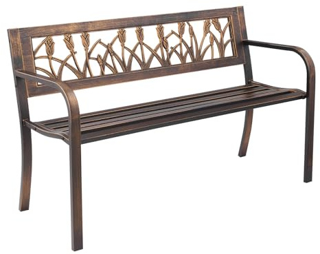 VEVOR Banc de jardin, 127 cm, banquette extérieur en acier carbone avec dossier en PVC à motif floral et accoudoirs à bords arrondis, banc résistant aux intempéries pour terrasse, parc, bronze antique