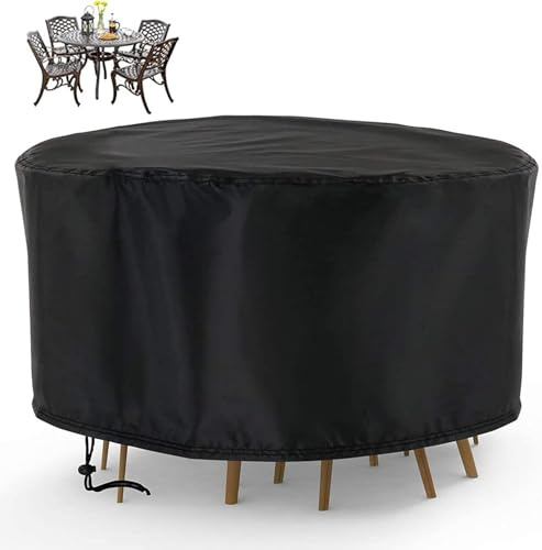 Iptienda Garden Table Cover Round Ø107x97cm, Heavy Duty Patio Table Cover Waterproof with Bottom Drawstring, Outdoor Furniture Covers for Small Round Dining Tables - Black
