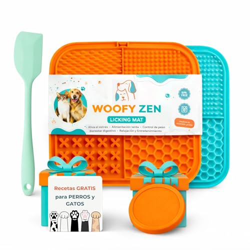 WOOF&MIAU® Pack de 2 Alfombrillas de lamer para Perros y Gatos + Espátula + Tapa de Silicona + Recetas y Consejos | Alimentación Lenta | Ayuda a controlar el estrés y favorece la digestión