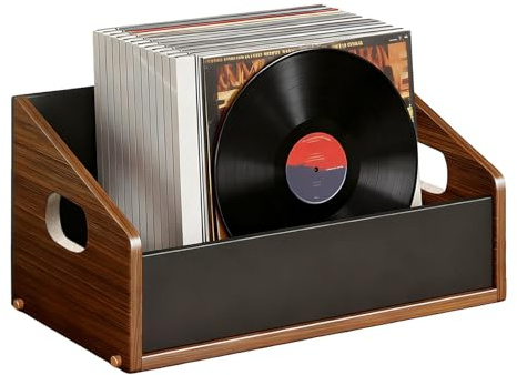 Oncpcare Caja de almacenamiento de discos de vinilo, caja de madera vintage con parte delantera acrílica negra, soporte de álbum retro para decoración del hogar y colección de música, capacidad para