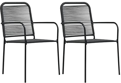 Owoxanthellate 2er Set Gartenstühle Schwarz aus wetterfestem Baumwollseil & Stahl, Moderne Terrassenstühle 56x53,5x85,5 cm mit Armlehne, platzsparend & klappbar für Balkon, Garten & Camping