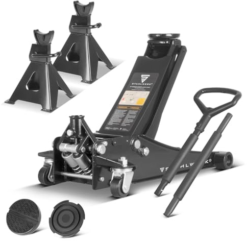 STAHLWERK Cric et chandelle d'essieu – Cric hydraulique plat 3 t et 2 chandelles réglables en hauteur pour voiture, SUV, voiture, accessoire d'atelier pour changement de pneus