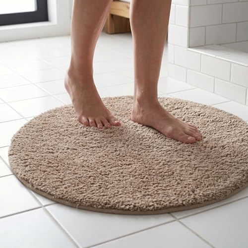 Skabt Med Omtanke Badematte Alfaro Beige Ø 60 cm | Badezimmerteppich aus Oeko-TEX Baumwolle | Weicher runder Duschvorleger für hautfreundliches Badeerlebnis