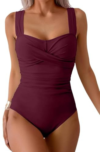 Joligiao Women One Piece Tummy Control Swimming Costume Ruched Full Coverage Modest Swimsuit Removable Padded Swimwear Wide Adjustable Straps Bathing Suit Vintage Push Up Monokini