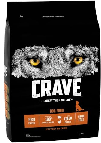 Crave Turkey & Chicken 3 x 2.8 kg Bags, Premium Adult Dry Dog Food with high Protein, Grain-free