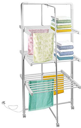 BAKAJI Stendibiancheria Elettrico a Torre Potenza 300W Stendino Asciugabiancheria Riscaldante Pieghevole con 30 Barre Stendi Biancheria Panni e Ruote in Alluminio