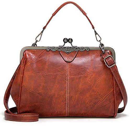 LUI SUI Frauen Retro Handtasche, PU Leder Geldbörse Vintage Top Griff Tasche Kiss Lock Crossbody Umhängetasche für Damen
