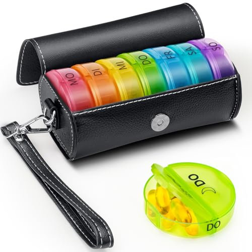Wöchentlicher Tablettenbox 7 Tage Morgens Abends, Deutsche Medikamentenbox 7 Tage 2 Fächer Mit Pu-hülle, Kleine Tablettenboxen 7 Tage, Runde Dosettenbox Für Die Woche (Regenbogen)