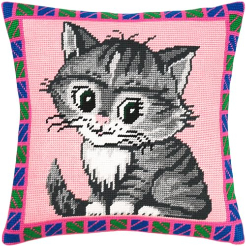 Brvsk Pussycat. Embroidery Kit w/Printed Tapestry Canvas (40 × 40 cm) — Embroidery Cushion Kit for Creative Home Décor — Needlework Kit for Adult Beginners