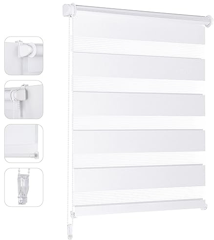 Sekey Doppelrollo Klemmfix ohne Bohren für Fenster, Doppelrollo 70 cm breit, Duo Rollo Jalousie Sonnenschutz, 70x210cm, Weiß