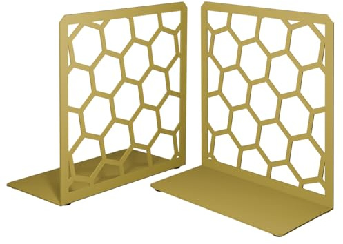 GEOMOD Geometric Honeycomb Gold Metal Bookends Decorative - Tall Sturdy Book Ends for Shelves - Modern Heavy Duty Bookend Stopper - Office or Home Book Shelf Book Holder - 6x3.25x6.25 Inches - 1 Pair