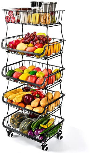 Mchoter Obst Etagere 5 Stöckige Obstschale Gemüsekorb aus Metall Küche Obstkorb Abnehmbarer Aufbewahrungskorb aus Gemüsewagen mit Rollen für Obst Gemüse Aufbewahrung