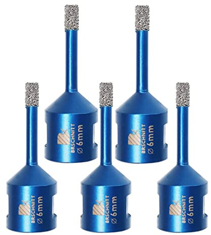 Punta per Trapano Diamantata 6mm- BRSCHNITT Vacuum Brasato Foretto Diamantato con Filettatura M14 per Porcellana Piastrella Granito Marmo Taglio a Secco （5 pezzi）.