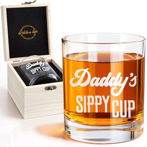 LIGHTEN LIFE Daddy's Sippy Cup Whiskey Glass 340ml,Unique Dad Gift in Valued Wooden Box,Funny Gag Gift for New Dad,Father from Das Daughter Kids for Father's Day,Birthday