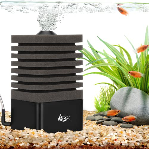 AQQA Akvarium-svampfilter, tyst nedsänkbart skum akvarium filter, svampfilter för akvarium med 2 svampar, 1 påse med bio-filtrerade keramiska bollar (M)