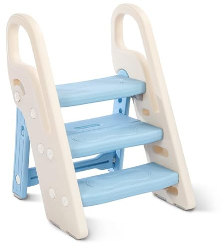 Onasti Sgabello per bambini, 2 gradini – 3 livelli regolabili in altezza, per bambini, torre di apprendimento con maniglie, pieghevole, multifunzione, per bagno, cameretta dei bambini, cucina (blu)