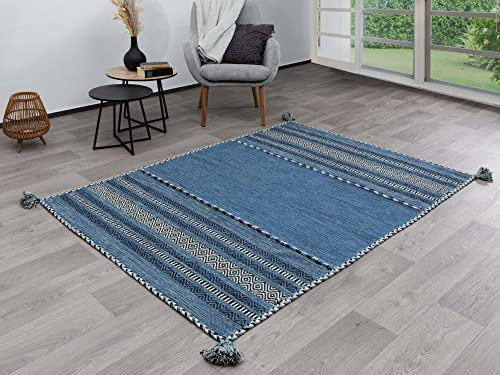 Steffensmeier Handwebteppich Muriani | Baumwolle | Wohnzimmer | Blau, handgewebt, Größe: 60x90 cm